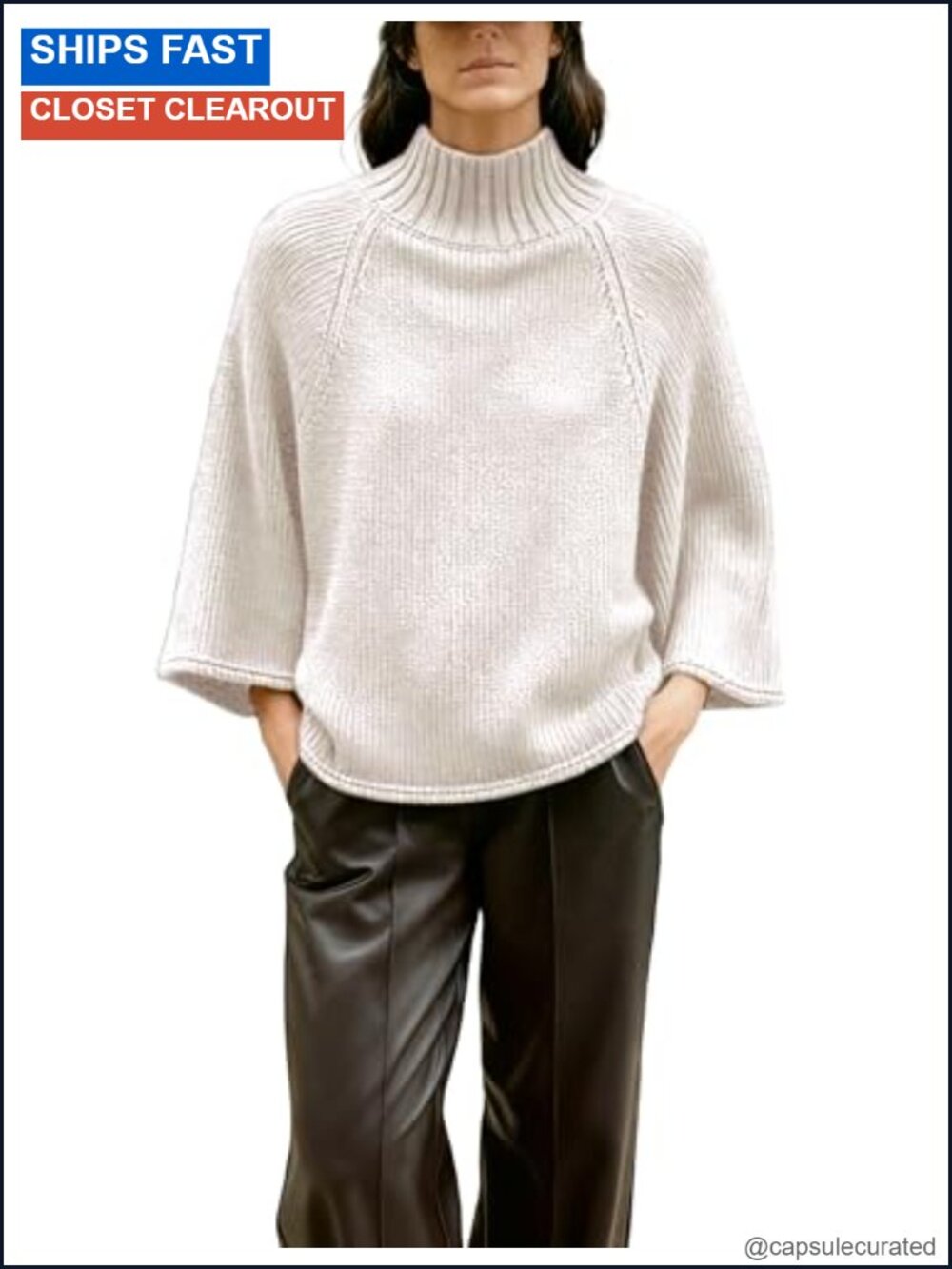 Oversized Turtleneck Ribbed Knit Sweater Wide Bell Sleeve 3/4 Flowy Pullover